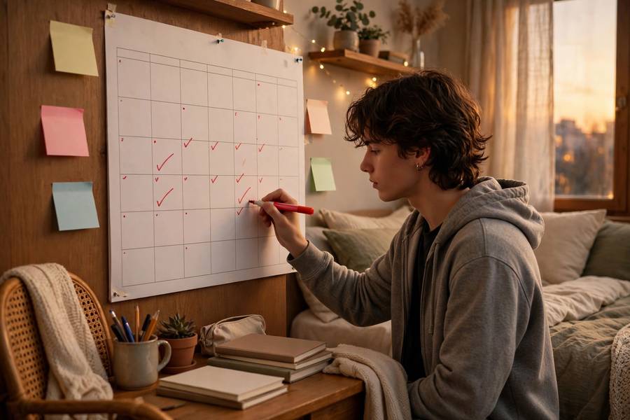 Student marking college deadlines on a wall calendar