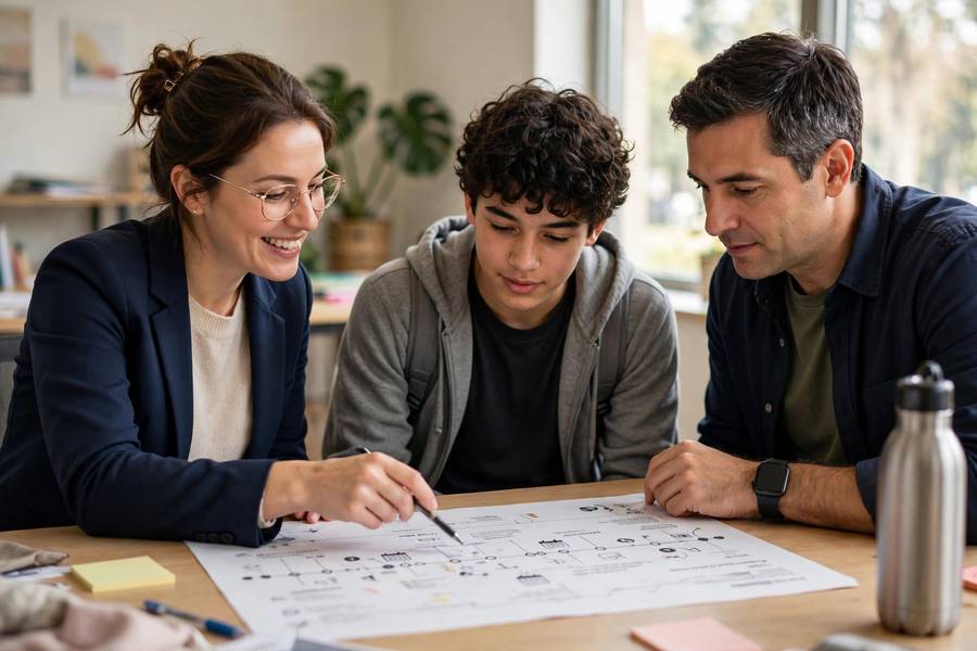 College counselor reviewing a timeline with a student