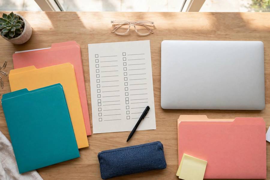 Organized desk with college application checklist and laptop