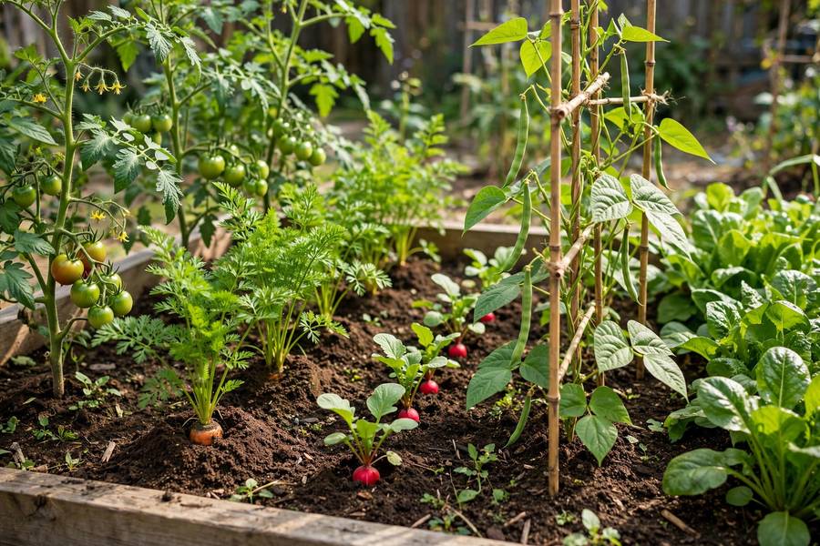 Thriving beginner vegetable garden bed with tomatoes, zucchini, lettuce, and beans