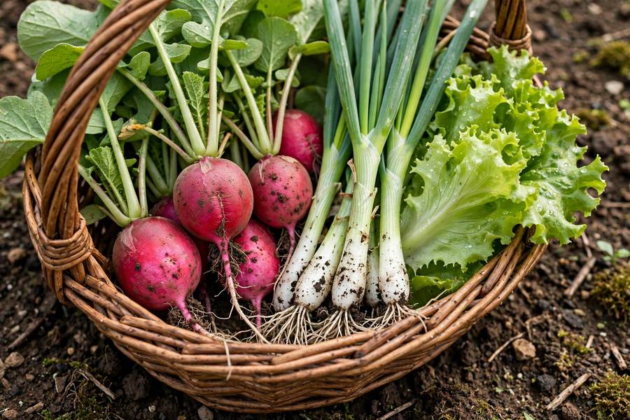 Freshly harvested radishes, lettuce, and green onions in a wicker basket on garden soil
