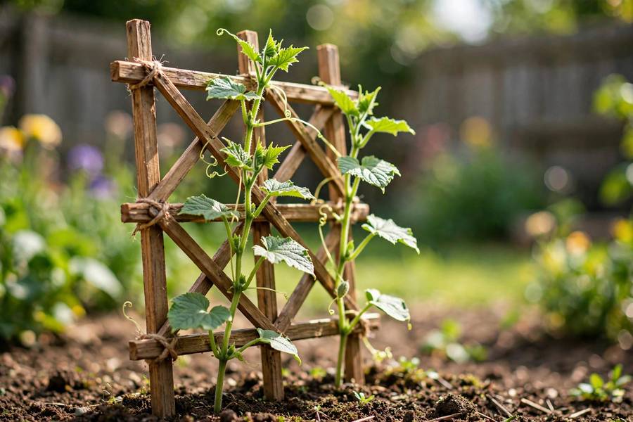Young cucumber seedlings climbing a wooden trellis in a sunny backyard garden