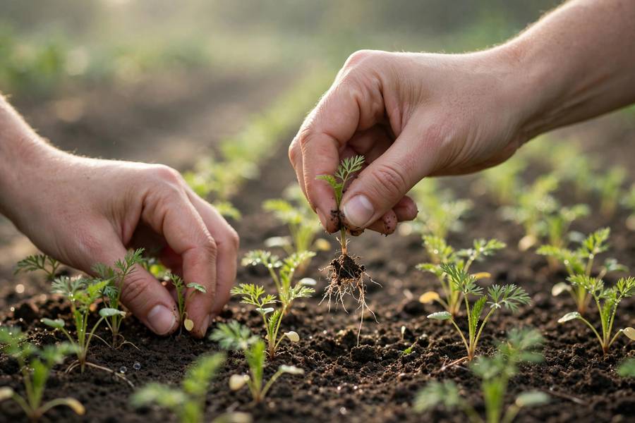 Hands thinning tiny carrot seedlings in a garden row in soft morning light