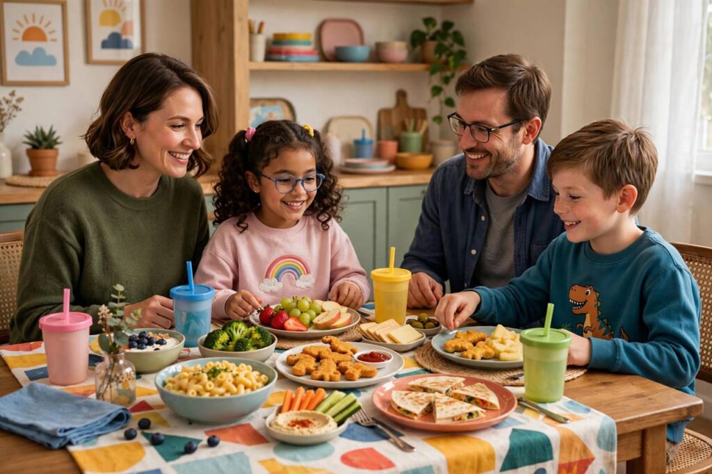 Colorful family dinner table with simple kid-friendly meals served