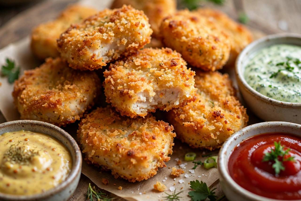 Close-up of homemade chicken nuggets with dipping sauces