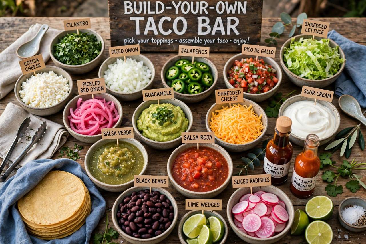 Build-your-own taco bar with toppings in small bowls