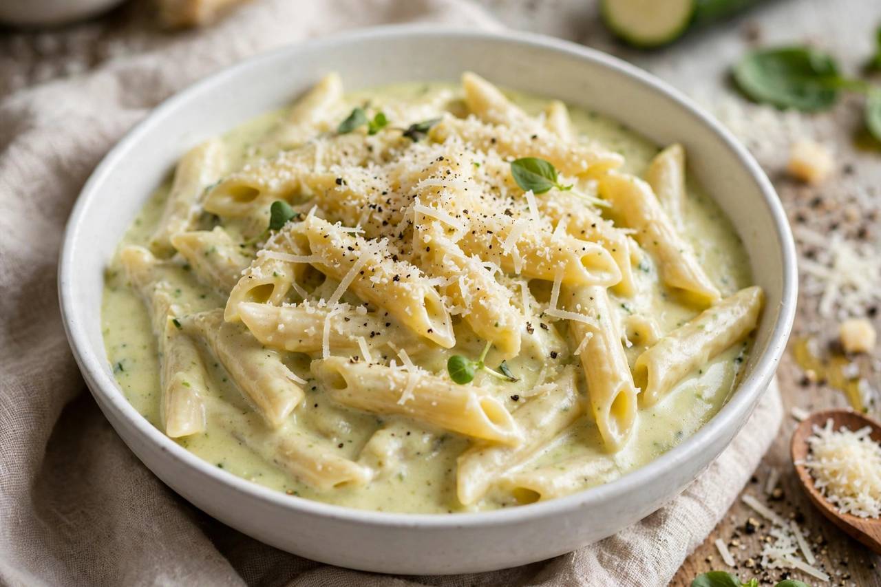 Creamy hidden-veggie pasta in a white bowl with parmesan