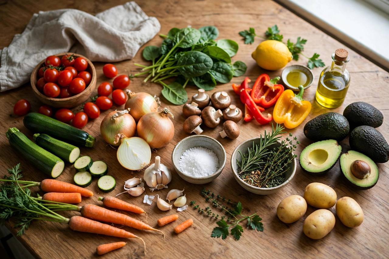 Weeknight dinner ingredients arranged on a kitchen counter