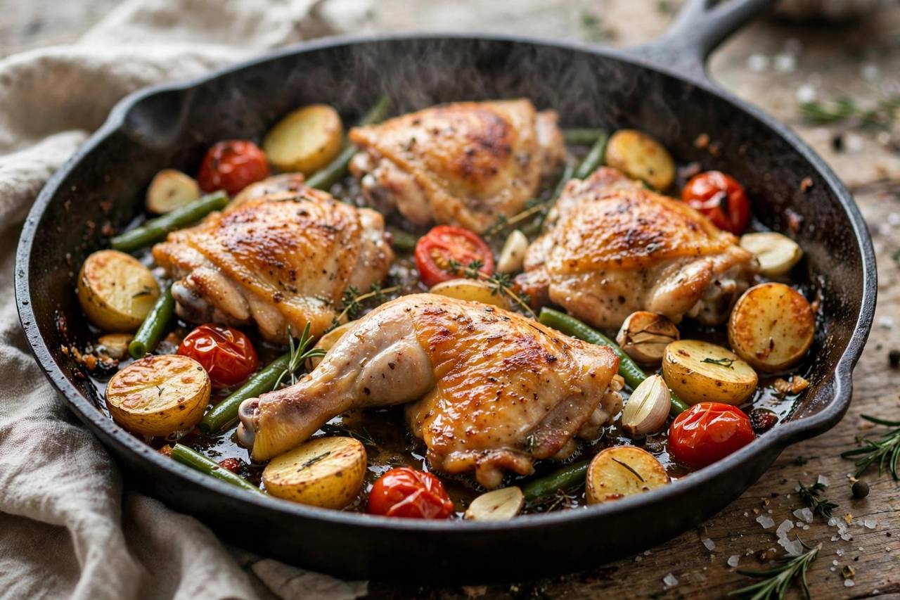 One-pan chicken dinner cooking in a skillet