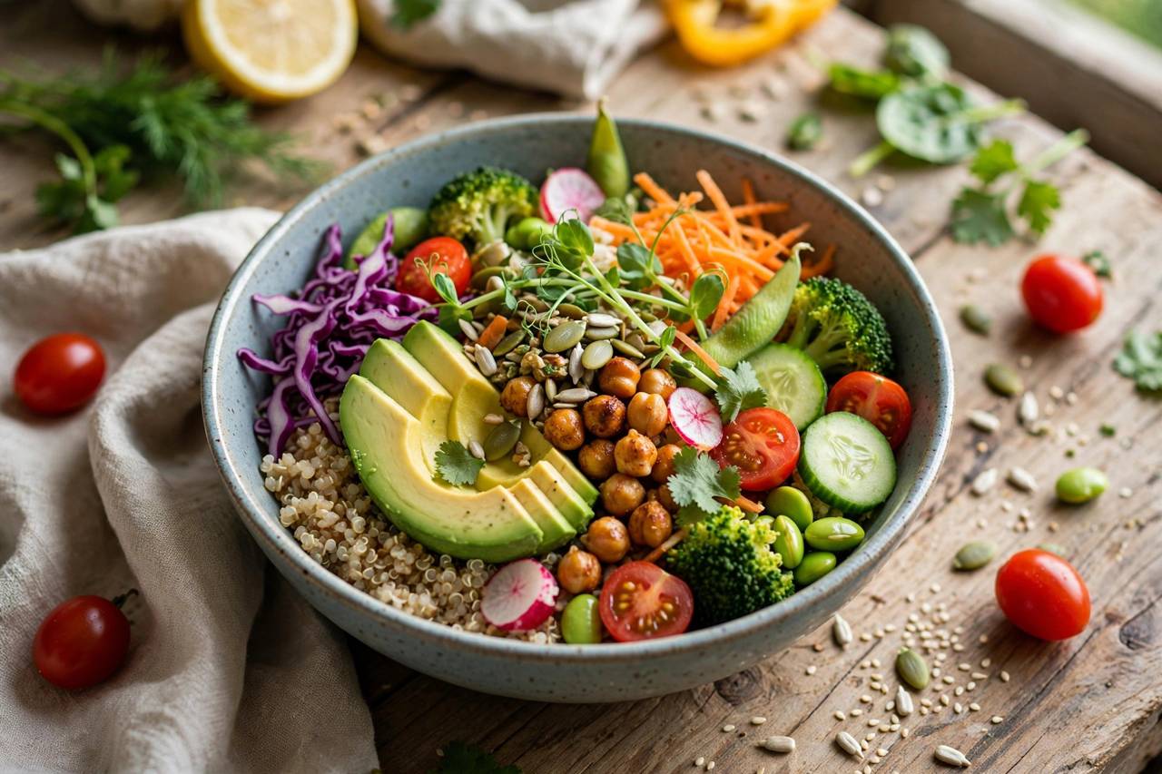 Colorful healthy grain bowl with vegetables
