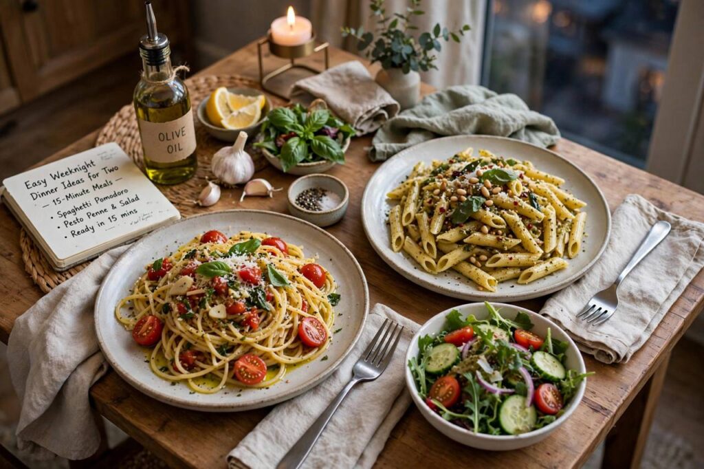A cozy weeknight dinner for two: two plates of pasta with salad on a small dining table