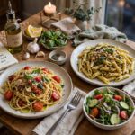 Easy Weeknight Dinner Ideas for Two (15-Minute Meals) A cozy weeknight dinner for two: two plates of pasta with salad on a small dining table
