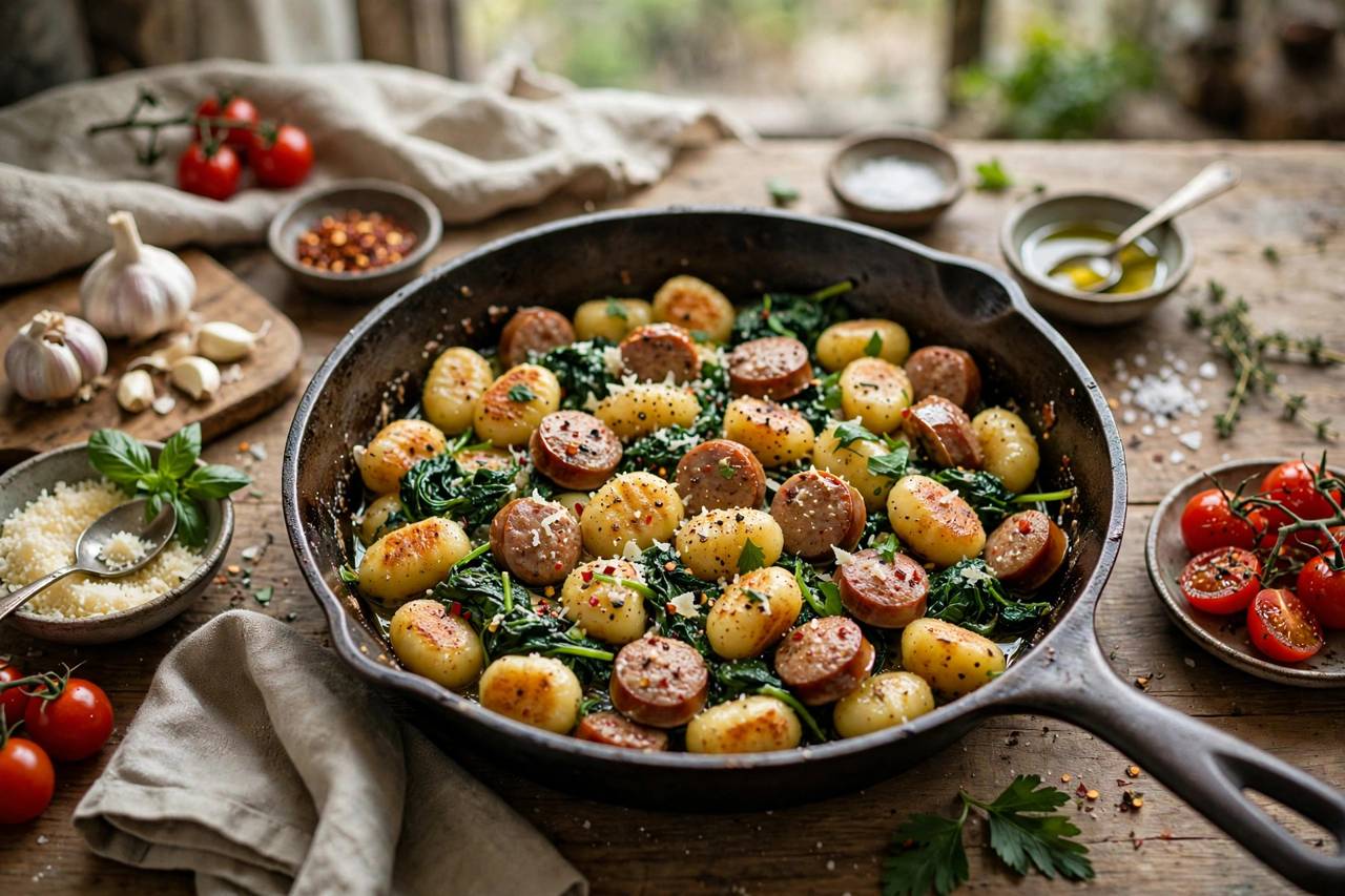 A skillet of sausage and gnocchi with wilted spinach, a one-pan weeknight dinner