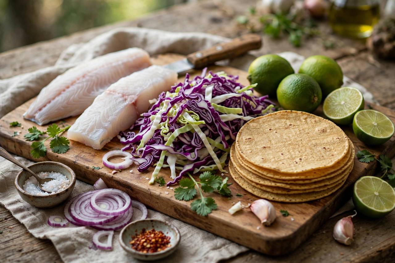 Fresh ingredients for tacos arranged on a cutting board: fish, cabbage, limes, and tortillas