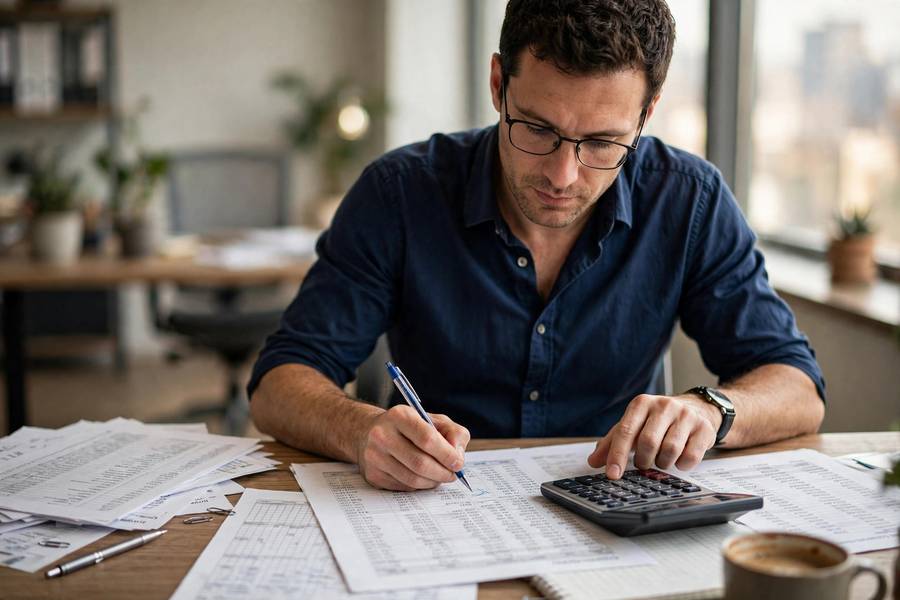 Financial analyst calculating EBITDA on spreadsheets