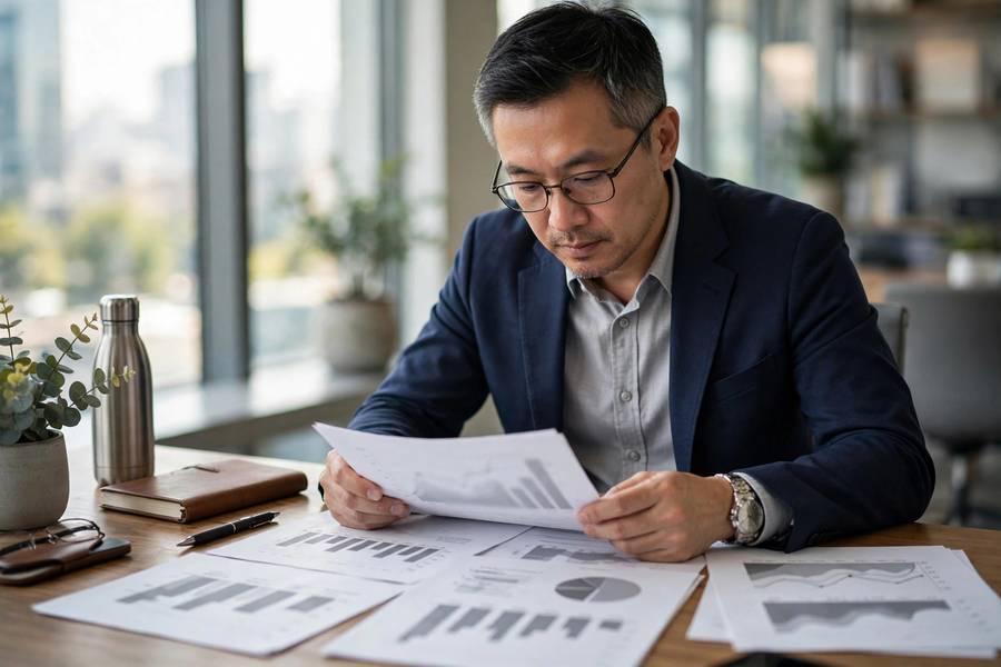 Executive reviewing company earnings reports