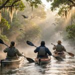 Kayaking through mangroves at sunrise on an ecotourism trip — ecotourism examples