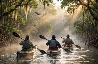 Kayaking through mangroves at sunrise on an ecotourism trip — ecotourism examples