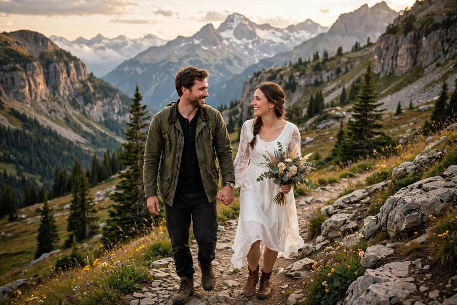 Couple eloping in mountains with checklist