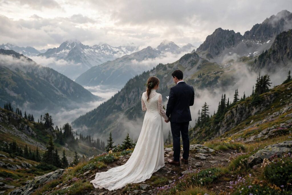 Couple eloping with mountain views, exchanging vows privately