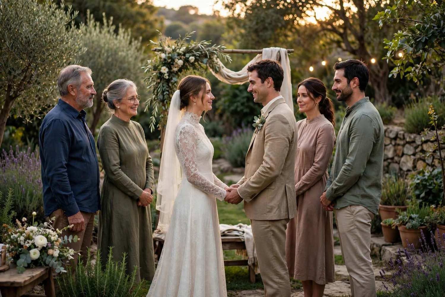 Intimate small wedding ceremony with close family in a garden