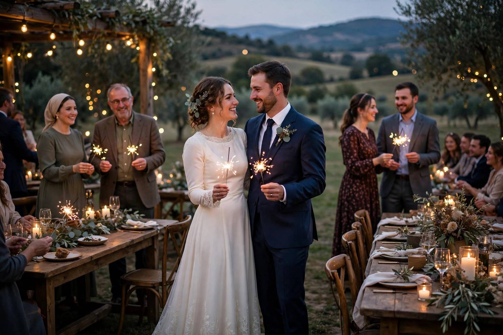 Newly married couple celebrating with sparklers at an intimate reception