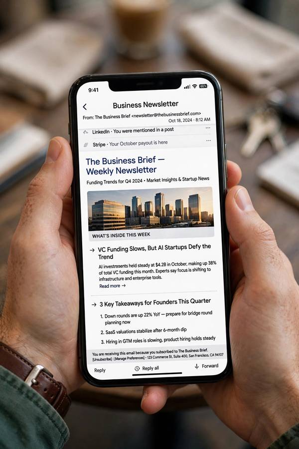 Reading a business newsletter on a phone, what email marketing for small business beginners produces
