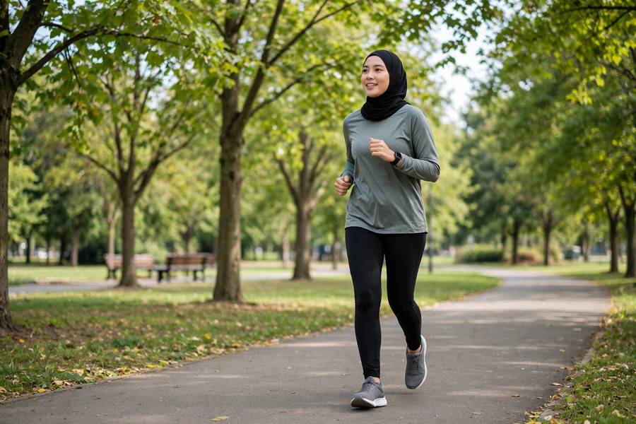 Beginner jogging on park path at easy conversational pace