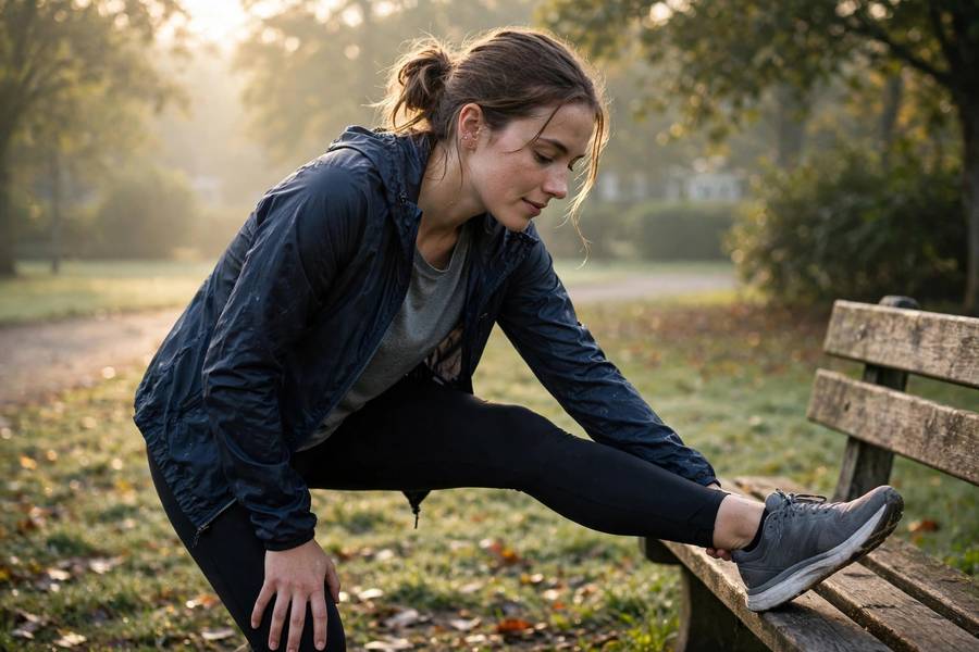 Runner stretching after easy training session at sunrise