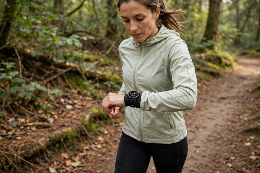 Runner checking heart rate watch during easy training run