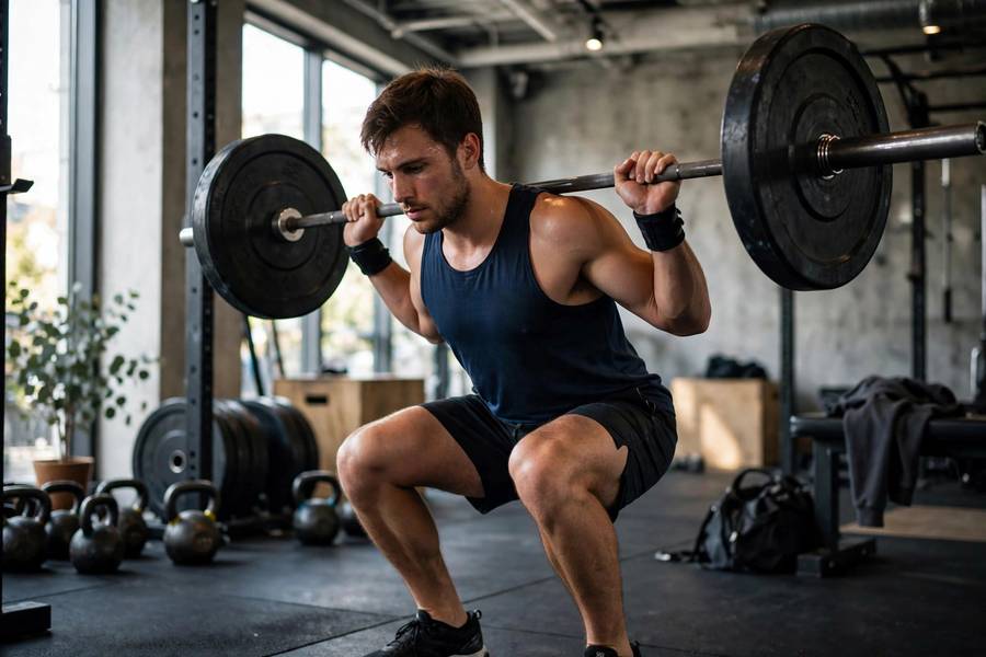 Athlete doing barbell squats in gym strength session
