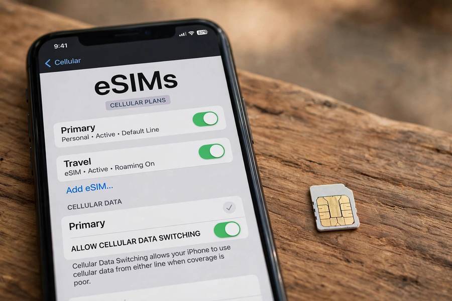 eSIM vs physical SIM comparison with phone settings and nano SIM card