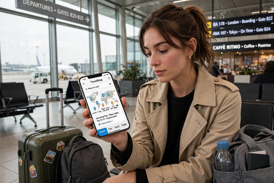 Traveler using eSIM on their phone at an airport, esim vs physical sim travel use