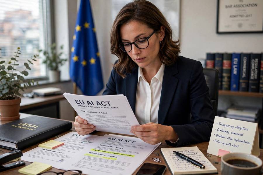 Lawyer reviewing EU AI Act compliance documents