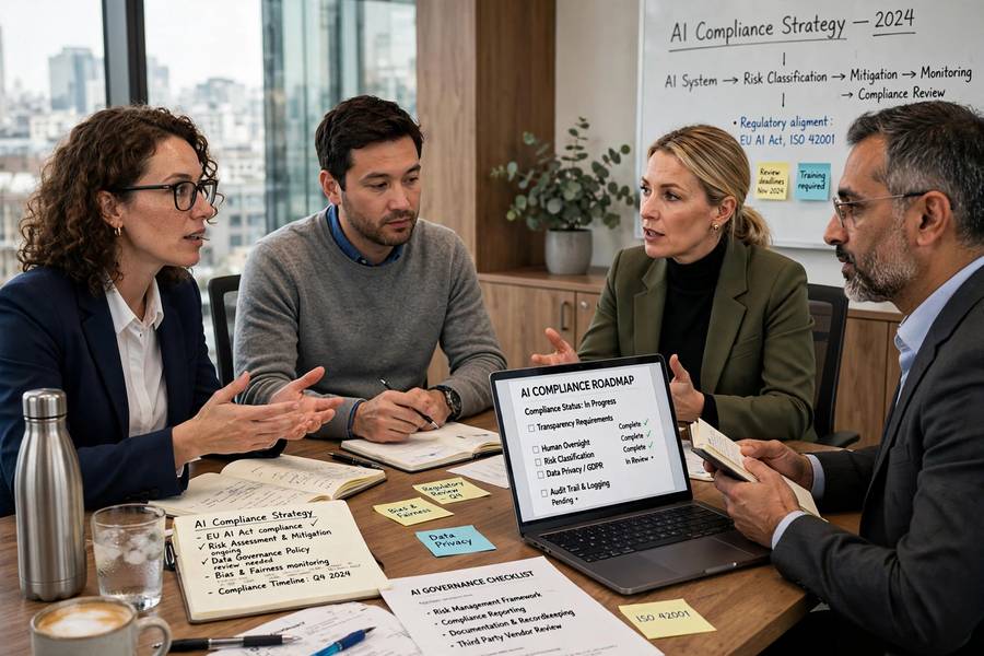 Business team discussing EU AI Act compliance strategy