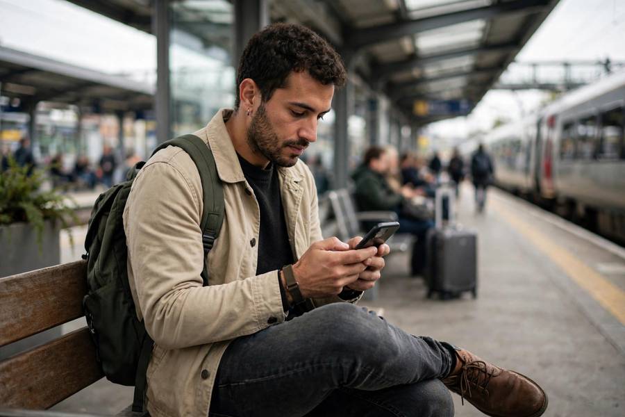Traveler booking train reservation on phone at station