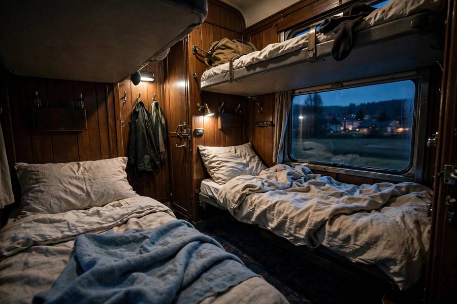 Night train sleeper cabin with beds Europe