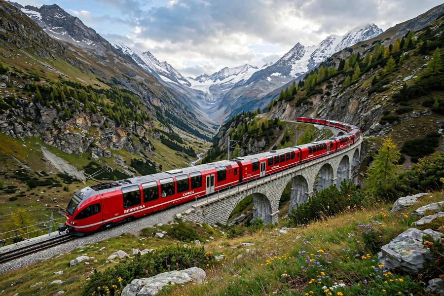 Bernina Express panoramic train through Swiss Alps