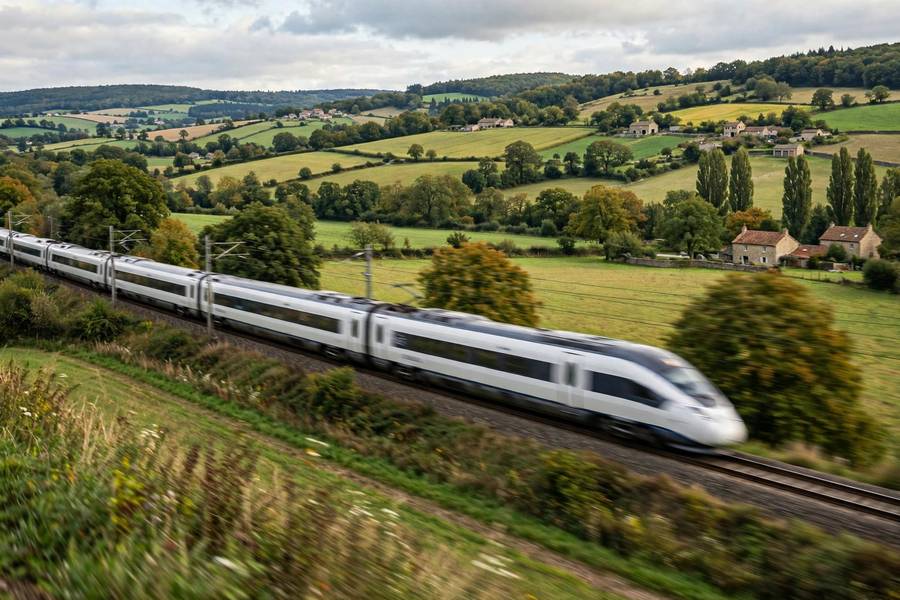 High-speed train passing through European countryside landscape