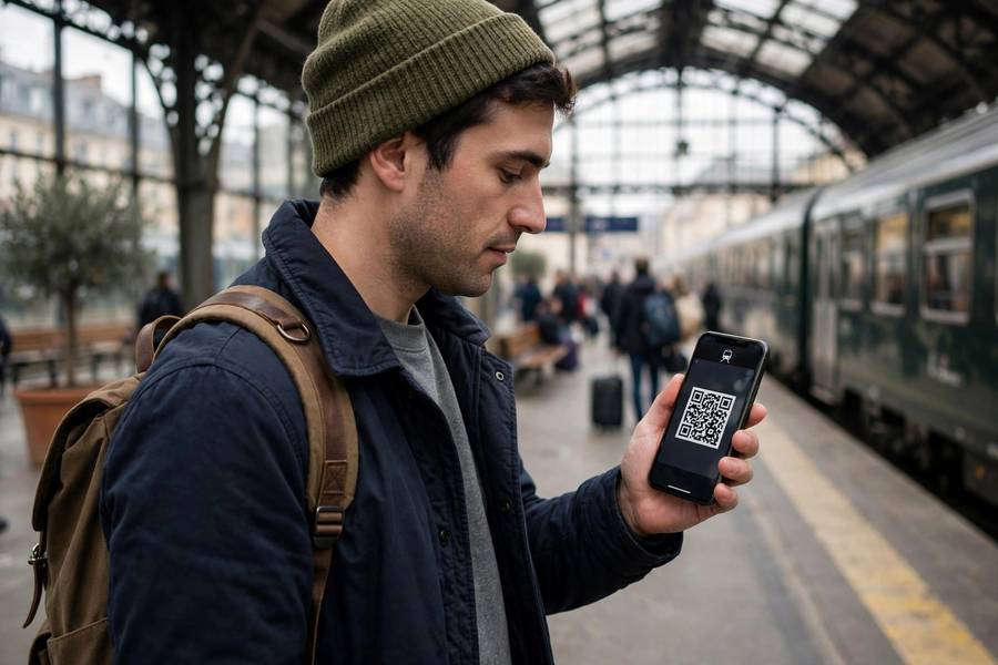 Traveler showing mobile Eurail pass on phone at station