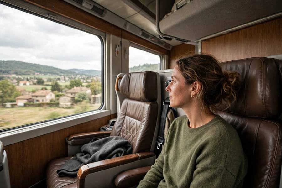 First class train seats with large windows Europe