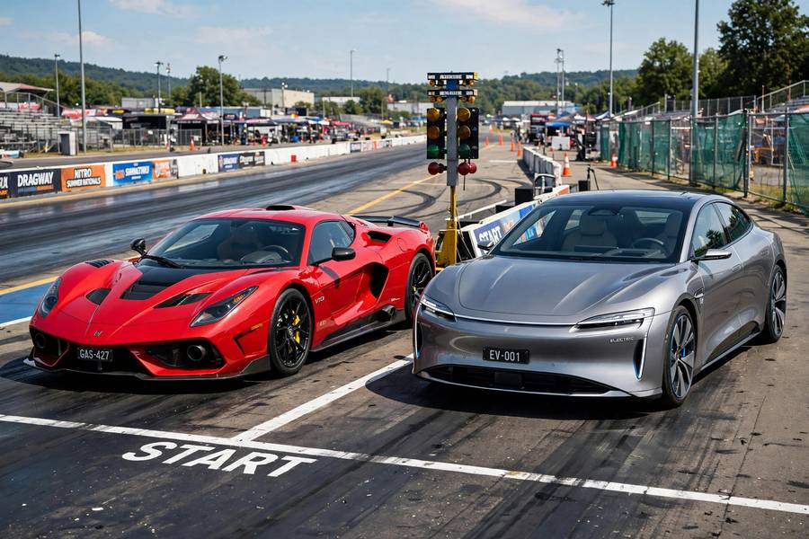 Gas car vs electric car lined up, the classic EV instant torque vs gas cars comparison