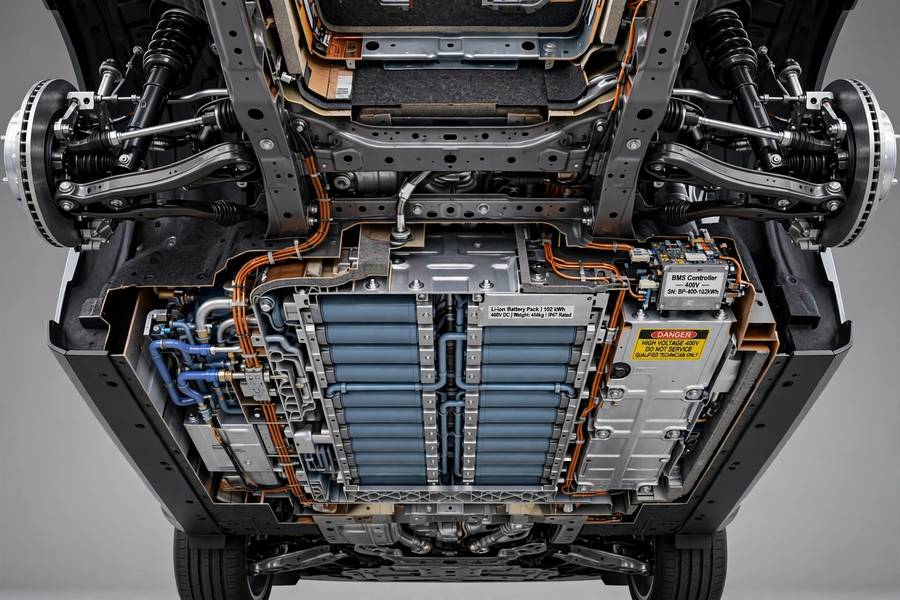 EV battery pack mounted low in the chassis, powering the instant-torque electric motors