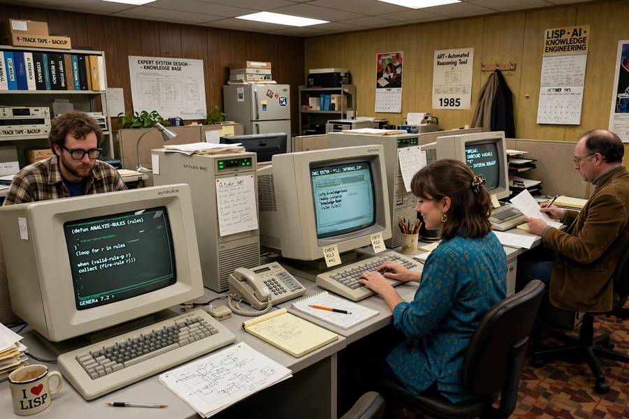 Expert systems and the AI winter — engineers at 1980s Lisp machine workstations