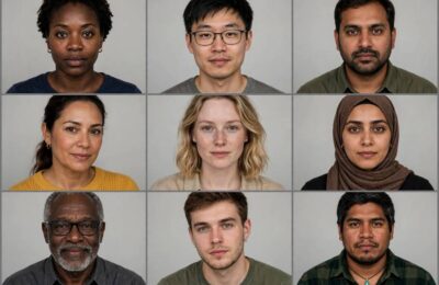 Diverse faces in a grid illustrating facial recognition bias across demographics