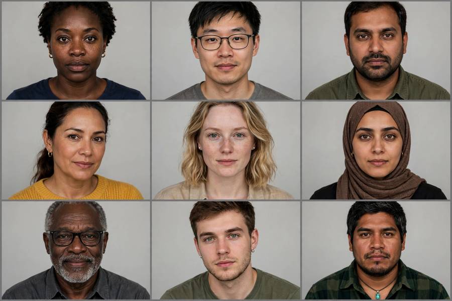 Diverse faces in a grid illustrating facial recognition bias across demographics