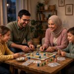 Family of four playing a board game together around a living room table with game pieces and cards