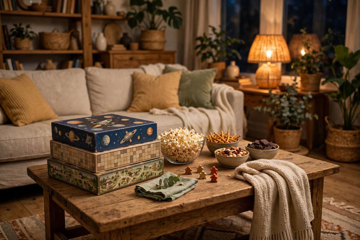 Table with board games, popcorn bowls and drinks set up for family game night