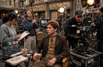 Young actor on a vintage movie set representing famous child actors