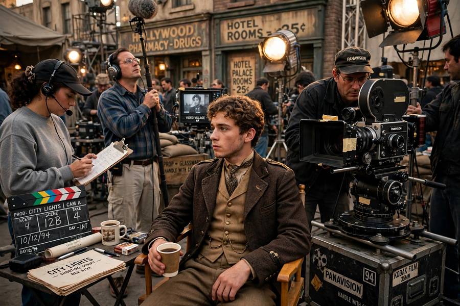 Young actor on a vintage movie set representing famous child actors